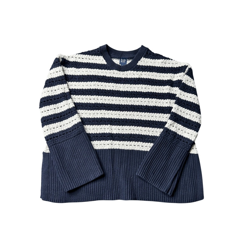 GAP Womens Navy White‎ Striped Crochet Cotton Ribbed Crewneck Sweater Small